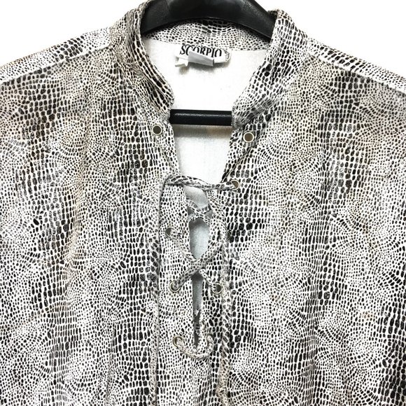 70's Style Scorpio Blk Wh Snakeprint Embossed Velveteen Drawstring  Shirt - Picture 3 of 10